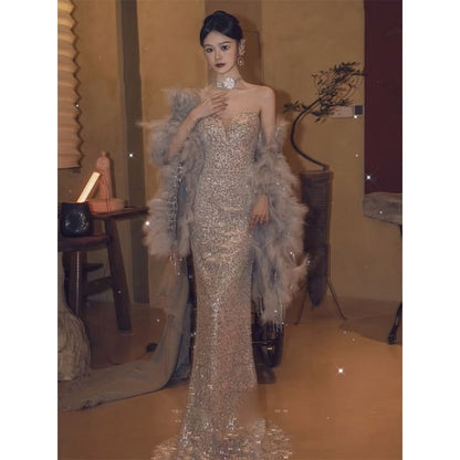 / Gown Shawl Mermaid Evening Strapless Sequin