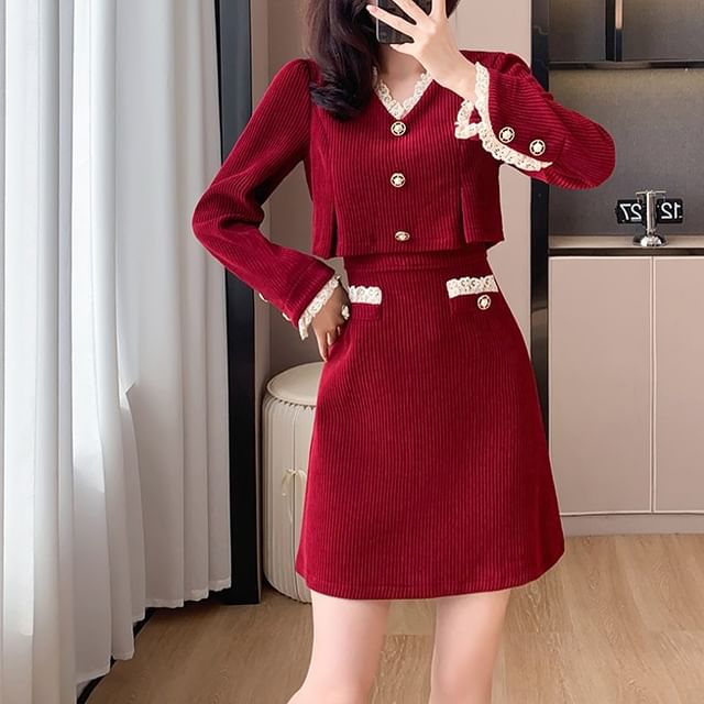 Long-Sleeve V-Neck Mock Two-Piece Button Accent Contrast Lace Trim Corduroy Mini A-Line Dress