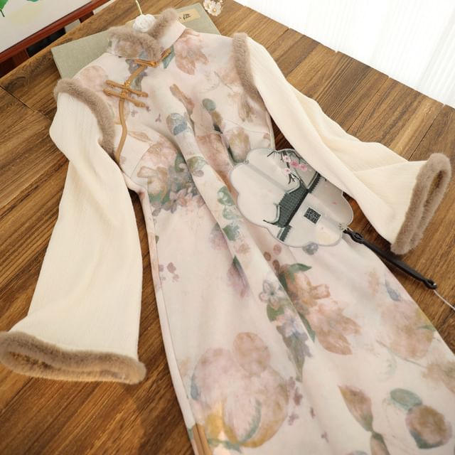 Long-Sleeve Floral Fluffy Trim Midi Qipao