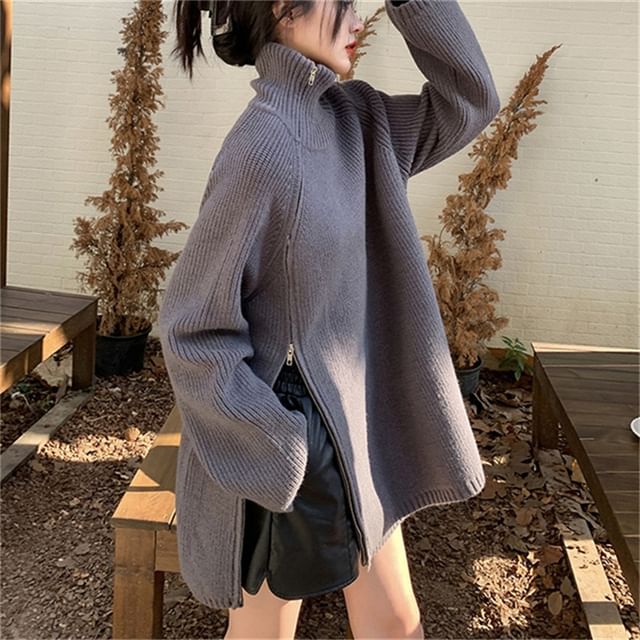 Turtleneck Plain Zip Split Oversize Sweater