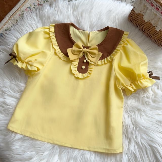 Short-Sleeve Bow Frill Trim Blouse / Bee Print A-Line Overall Dress / Jumper Shorts / Arm Sleeves / Bow / Underskirt / Headband / Set