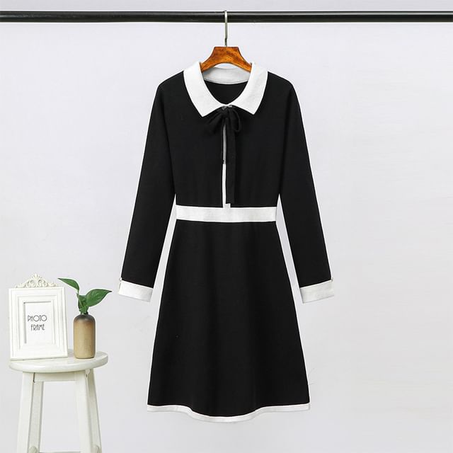 Long-Sleeve Collar Plain Contrast Trim Knit Mini A-Line Dress