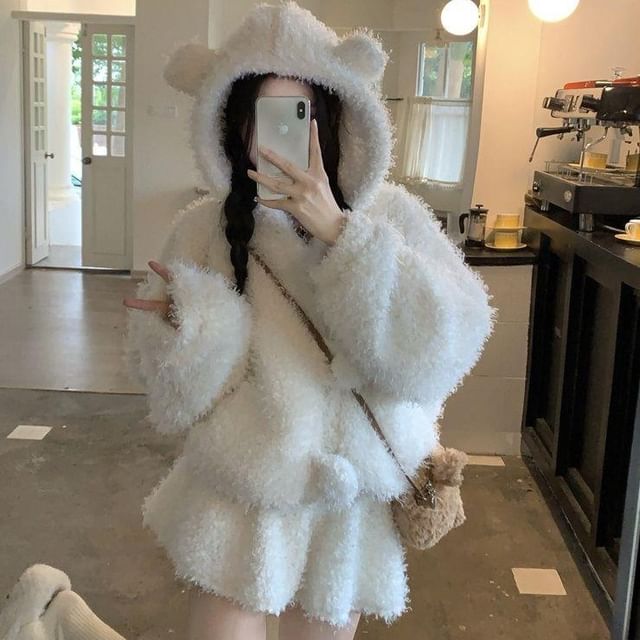 Plain Bear Ear Hooded Fluffy Button-Up Jacket / High Waist Mini A-Line Skirt