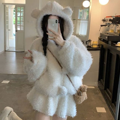 Plain Bear Ear Hooded Fluffy Button-Up Jacket / High Waist Mini A-Line Skirt