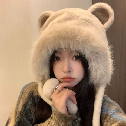 Chenille Bear Ear Trapper Hat