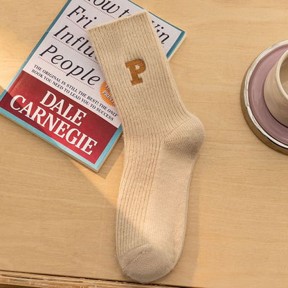 Letter Embroidered Ribbed Socks