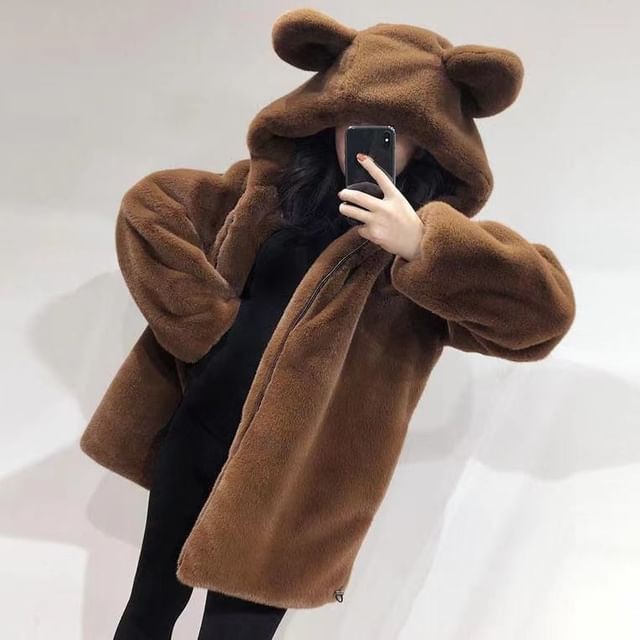 Plain Bear Ear Hood Faux Fur Zip Jacket