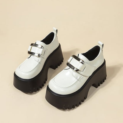 Platform Adhesive Strap Buckled Patent Leather Loafers