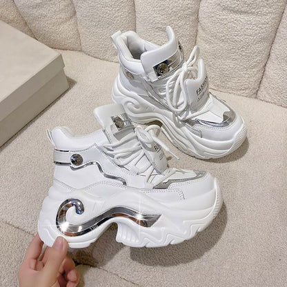 Platform Metallic Panel Faux Leather Lace-Up High Top Sneakers