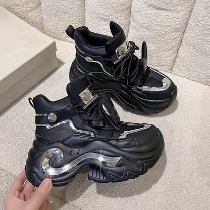 Platform Metallic Panel Faux Leather Lace-Up High Top Sneakers