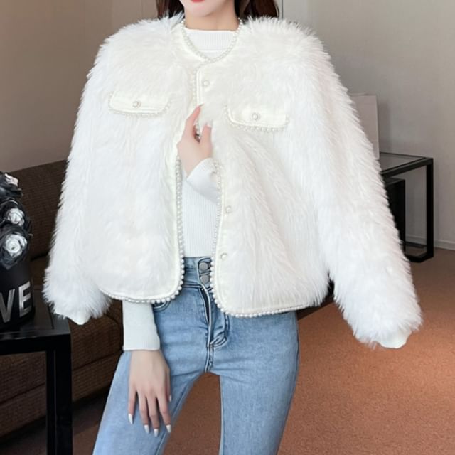 Plain Fluffy Faux Pearl Button-Up Jacket