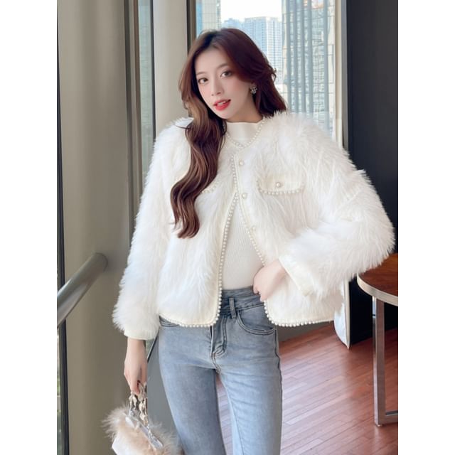 Plain Fluffy Faux Pearl Button-Up Jacket