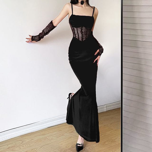 Set: Spaghetti Strap Lace Corset Sheath Dress + Arm Sleeves