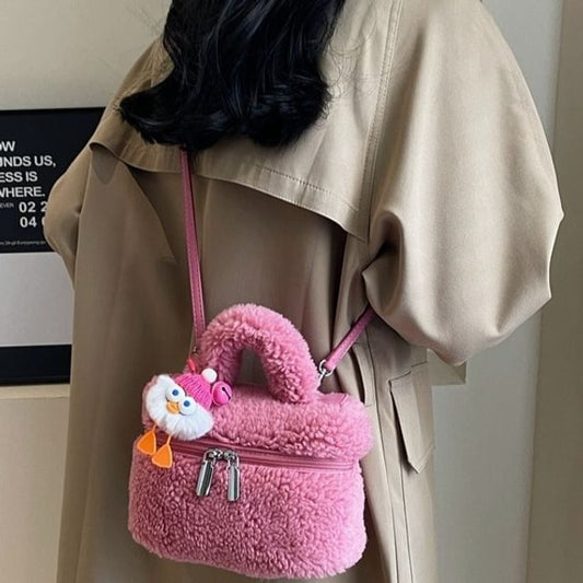 Faux Shearling Crossbody Bag / Bag Charm / Set