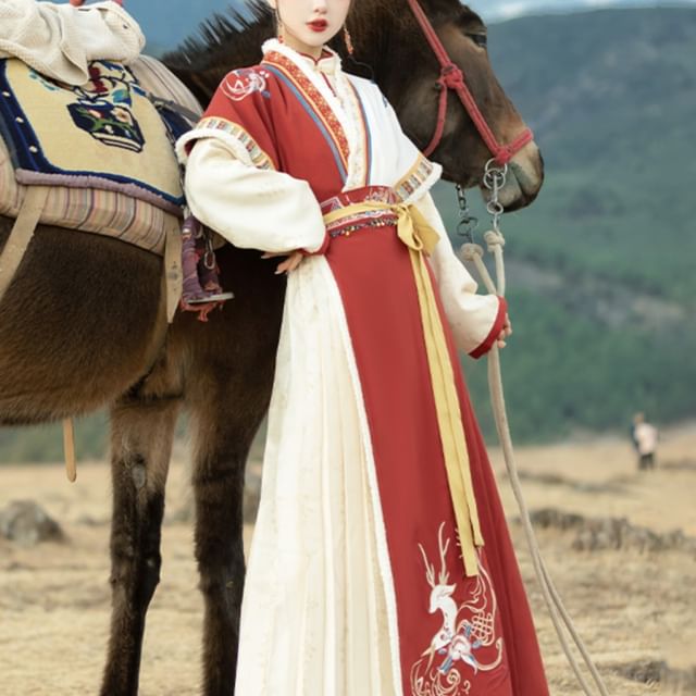 Chemisier à manches longues et col montant avec bordure contrastée et fermeture à grenouille / Haut Hanfu à manches courtes avec bordure duveteuse et broderie florale / Jupe longue trapèze à panneau plissé taille haute / Ensemble