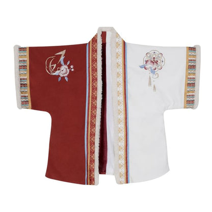 Long-Sleeve Stand Collar Contrast Trim Frog Closure Blouse / Short-Sleeve Floral Embroidered Fluffy Trim Hanfu Top / High Waist Pleated Panel Maxi A-Line Skirt / Set