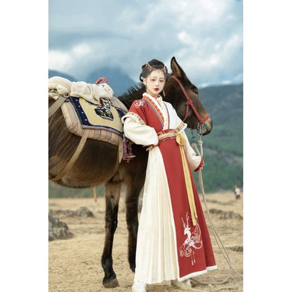 Long-Sleeve Stand Collar Contrast Trim Frog Closure Blouse / Short-Sleeve Floral Embroidered Fluffy Trim Hanfu Top / High Waist Pleated Panel Maxi A-Line Skirt / Set