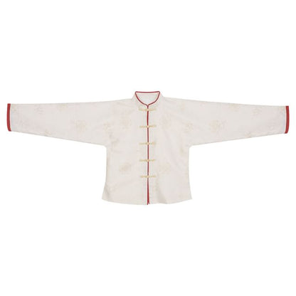 Long-Sleeve Stand Collar Contrast Trim Frog Closure Blouse / Short-Sleeve Floral Embroidered Fluffy Trim Hanfu Top / High Waist Pleated Panel Maxi A-Line Skirt / Set