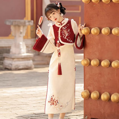 Long-Sleeve Floral Embroidered A-Line Qipao / Round Neck Fluffy Trim Buckle Vest / Tassel Charm / Set