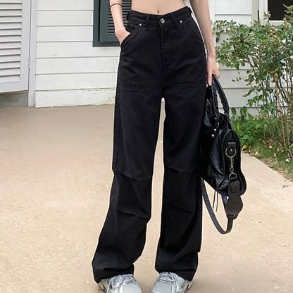 Low Waist Plain Straight-Fit Wide-Leg Cargo Pants