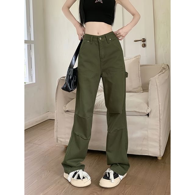 Low Waist Plain Straight-Fit Wide-Leg Cargo Pants