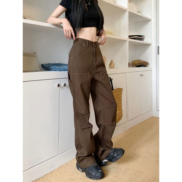 Low Waist Plain Straight-Fit Wide-Leg Cargo Pants