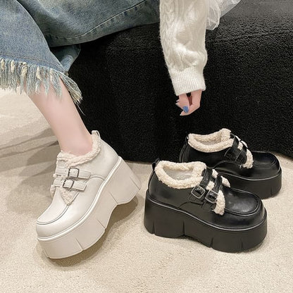 Fleece Trim Wedge-Heel Loafers