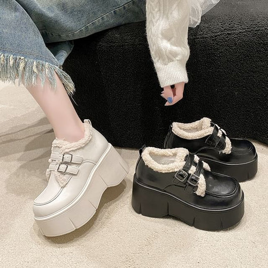 Fleece Trim Wedge-Heel Loafers