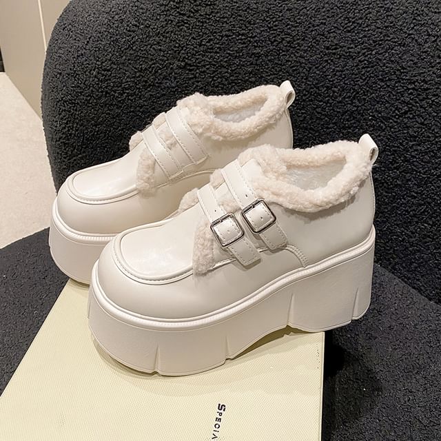 Fleece Trim Wedge-Heel Loafers