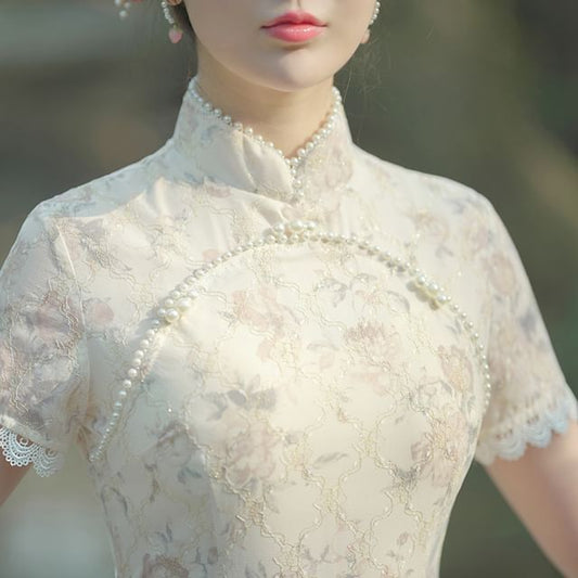 Short-Sleeve Lace Qipao Maxi Dress