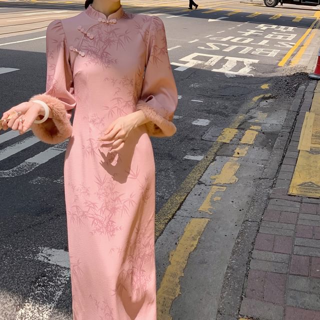 Long-Sleeve Frog Buttoned Midi Qipao Dress