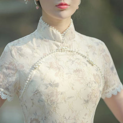 Short-Sleeve Lace Maxi Qipao Dress