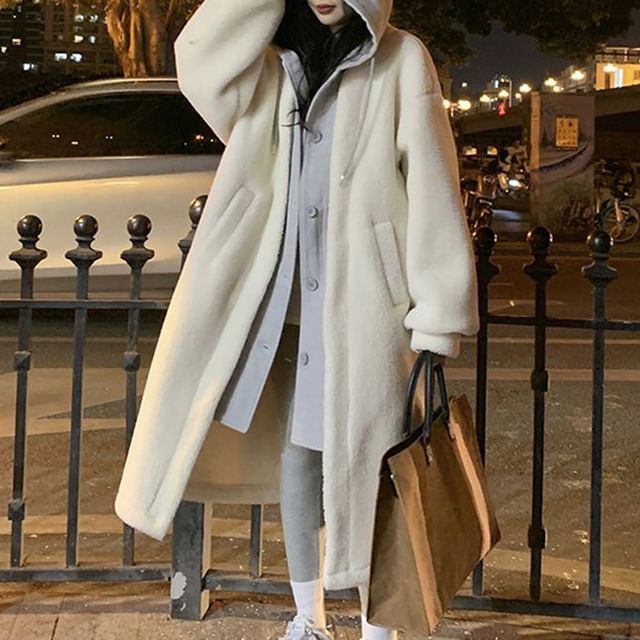 Mock Two Piece Hooded Faux Shearling Oversize Coat