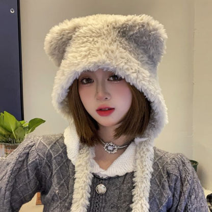 Bear Ear Fluffy Earflap Hat