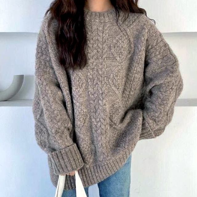 Long-Sleeve Crew Neck Plain Cable Knit Sweater