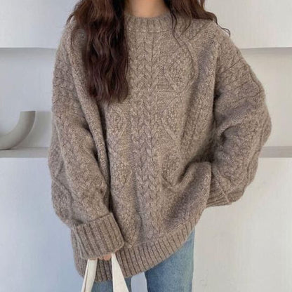 Long-Sleeve Crew Neck Plain Cable Knit Sweater