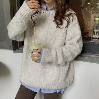 Long-Sleeve Crew Neck Plain Cable Knit Sweater