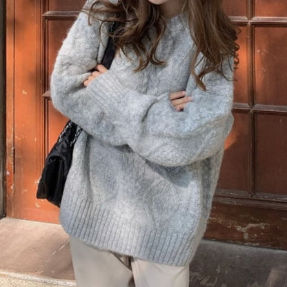 Long-Sleeve Crew Neck Plain Cable Knit Sweater