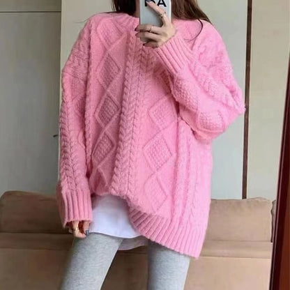 Long-Sleeve Crew Neck Plain Cable Knit Sweater