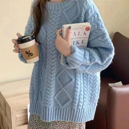 Long-Sleeve Crew Neck Plain Cable Knit Sweater