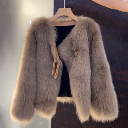 V-Neck Plain Faux Fur Buckle Jacket