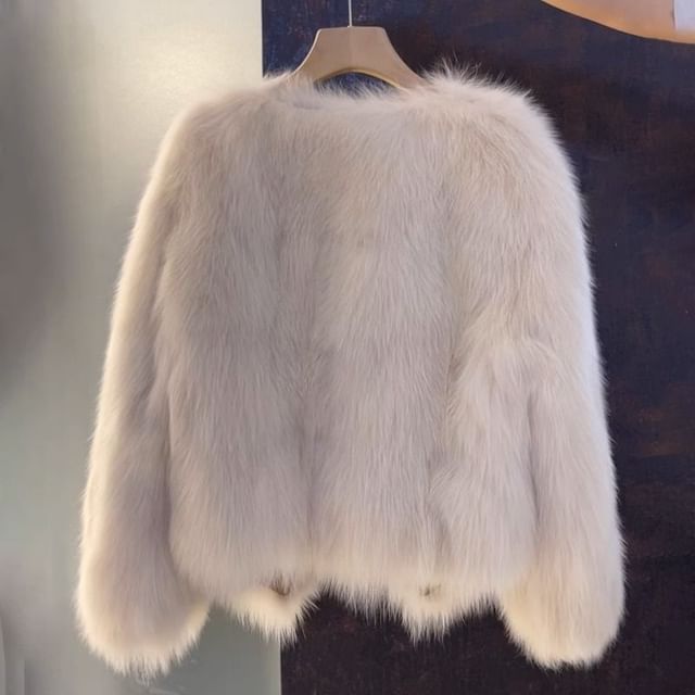 V-Neck Plain Faux Fur Buckle Jacket