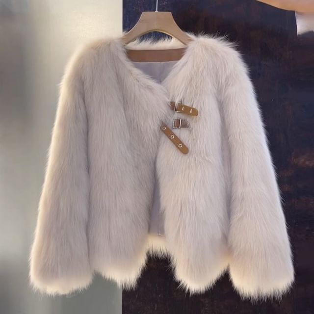 V-Neck Plain Faux Fur Buckle Jacket