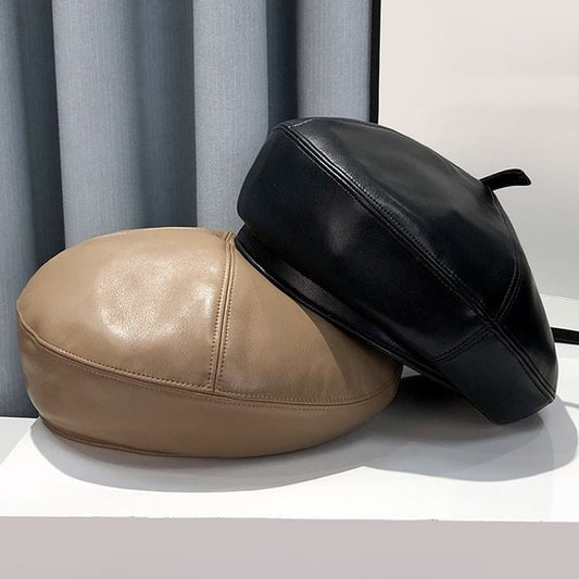 Plain Faux Leather Beret