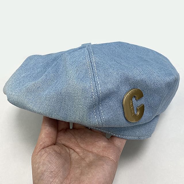 Metal Accent Washed Denim Beret