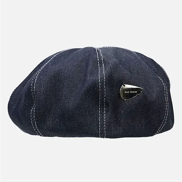 Metal Accent Washed Denim Beret