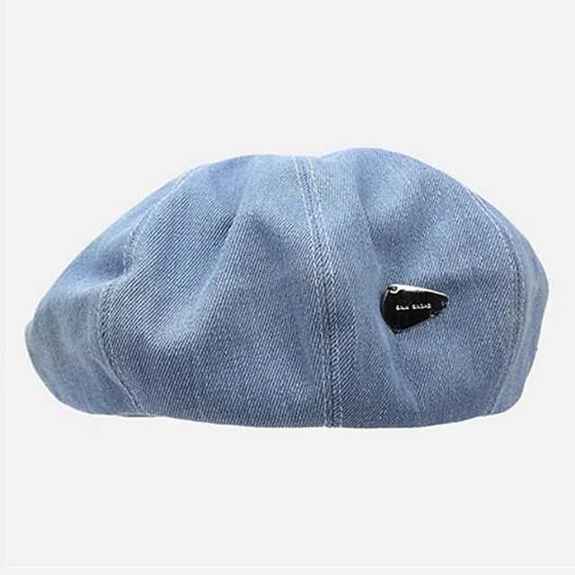 Metal Accent Washed Denim Beret