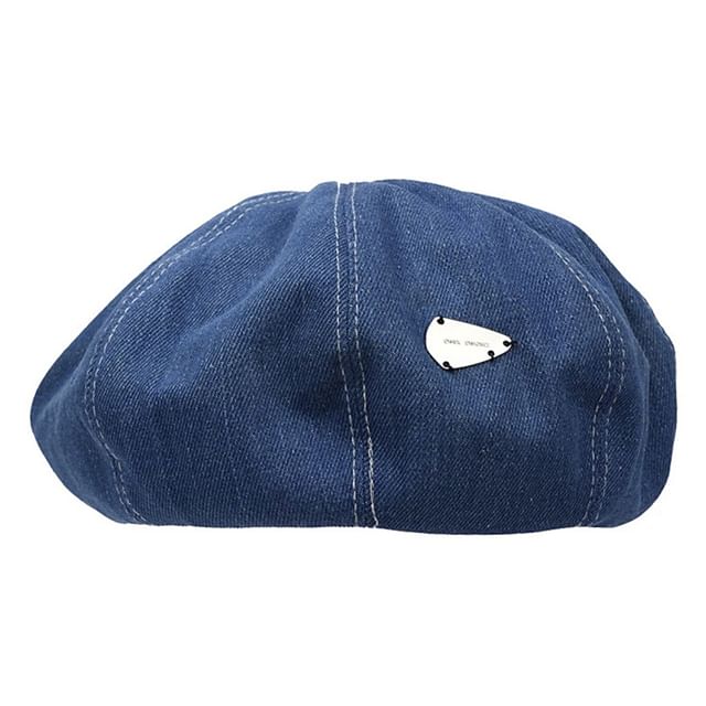 Metal Accent Washed Denim Beret