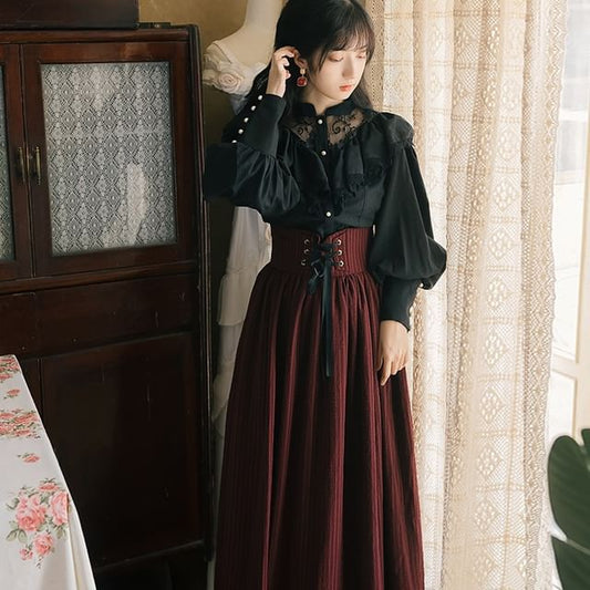 Band Collar Plain Lace Panel Blouse / High Waist Midi A-Line Skirt / Set