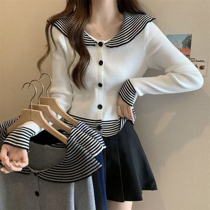 Knit Long-Sleeve Top Button Collar Ribbed Panel Striped